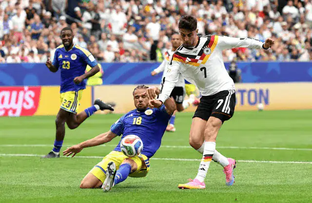 Germany players celebrating during a World Cup match against Curacao.