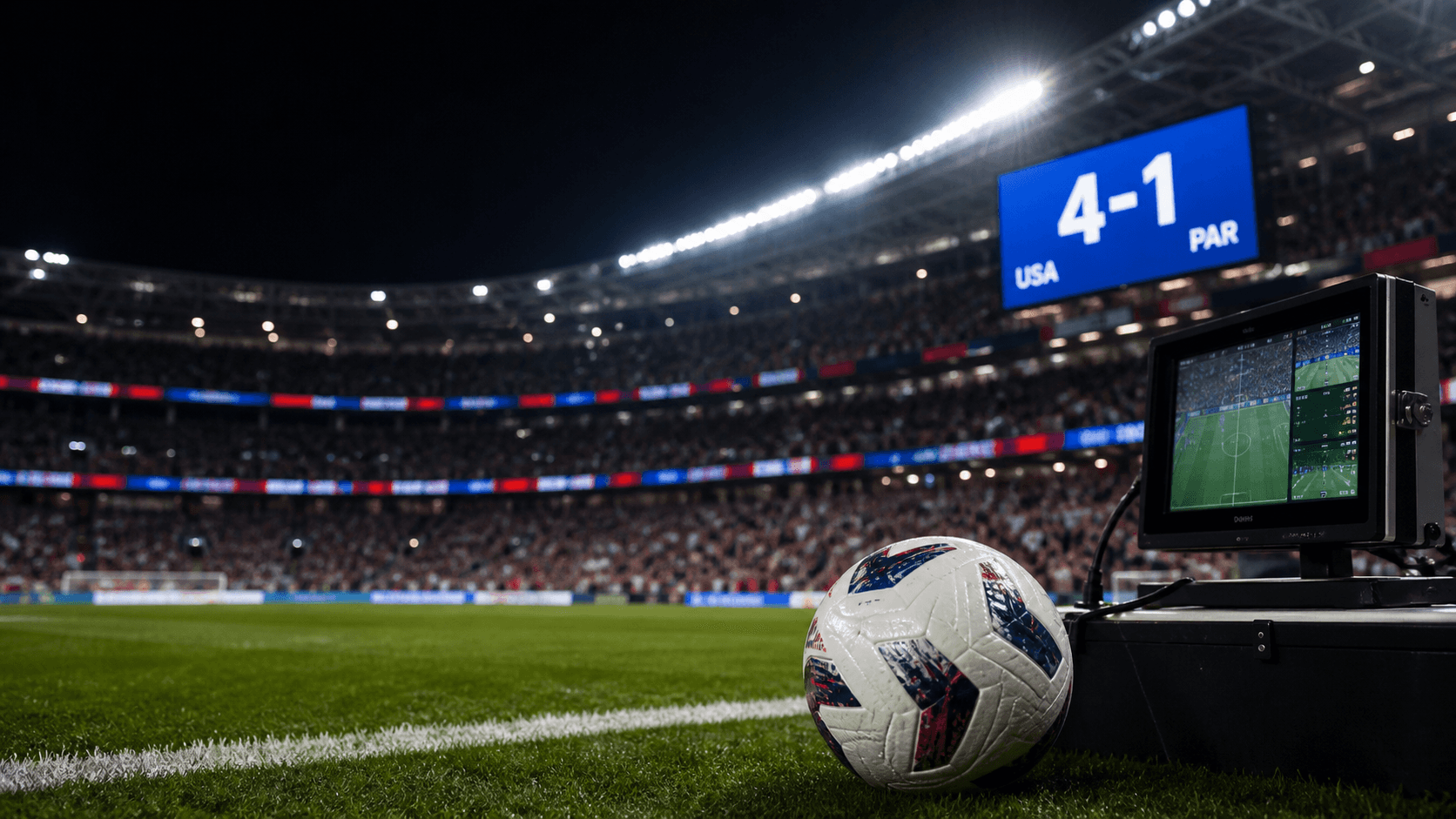 A football near the touchline with a VAR monitor and a 4-1 stadium scoreboard in the background.